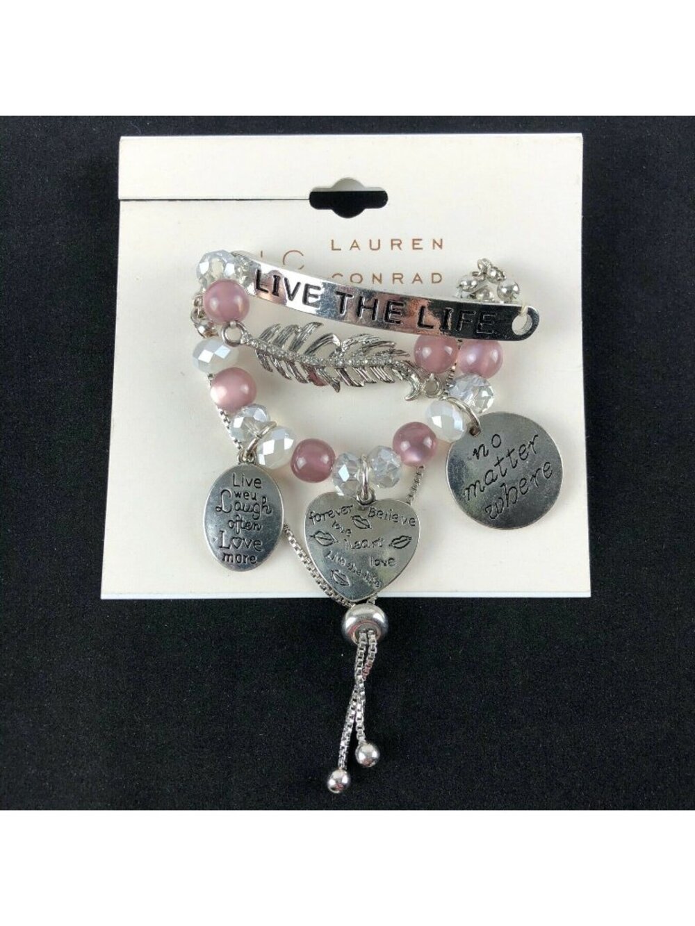 LC Lauren Conrad Bracelet Silver-Tone Live Laugh Love Charm Purple Beaded